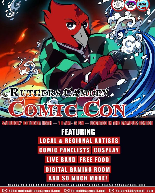 It’s back! The Rutgers–Camden Comic Con is this Saturday, October 18th! Come join us for a spectacular day with an array of local and regional artists and comic panelists. There will also be a game room, live bands, free food, and more! All are welcome and encouraged to come out in their best cosplays and costumes. Admission is free for everyone! We look forward to seeing everyone there! 

When: Saturday, Oct. 18th, 10am - 6pm
Where: Rutgers–Camden, Campus Center

Art Graphic by Kait Buser or @crunchycrayons
