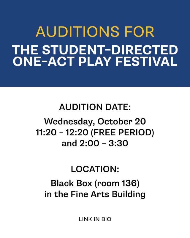 Open auditions for our 2025 Student–Directed One–Act Play Festival! Perform in these plays directed by our RU-C students:

Blind directed by Jenna German
Cover directed by Logan Rodriguez
Lawyers Guns, and Money directed by Aubree House
Outlaws directed by Tyler Strickland
The Man Who Couldn’t Dance directed by Samira Robinson
This Property Is Condemned directed by Michael Cramer

Performance dates are December 4-6, 2025.
Go to the link in our bio for more information and online audition form.

Graphic by Ari Lopez
