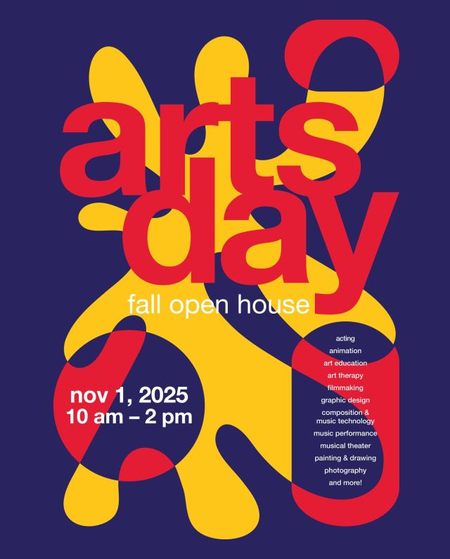Arts Day is this weekend! Come on out and join us for a spectacular day of workshops from some of our renowned professors as well as optional auditions and portfolio reviews! It’s an amazing opportunity for prospective students to meet not only some amazing professors but also meet some of our most talented students. People are also welcome and encouraged to come in their halloween costumes! The link to register is in our bio and we can’t wait to see everyone there! 

When: Saturday Nov. 1st, 10am - 2pm 
Where: Fine Arts Building

Graphic by Ari Lopez