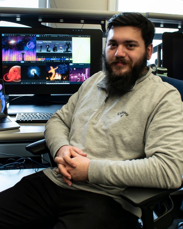 Happy Feature Friday! This week, we are so excited to feature Demetri Tripolitis! Dimitri is an animation major who is graduating next semester! As a kid, Dimitri loved to draw and had a passion for storytelling. When deciding what to go to school for, he naturally went for animation since it combined his two loves of art and storytelling. Some of Dimitri’s biggest accomplishments include having his art shown at the Camden County College Art Gallery and designing logos for both the Cherry Hill American Little League and the Lighting Softball team. Out of all of his work, his thesis project is his favorite one and has drawn a lot of inspiration from iconic cartoons such as Avatar: The Last Airbender, Danny Phantom, and Invader Zim. We can’t wait to see the finished results of his Thesis project in the spring and wish him the best of luck after graduation! 

📸 Abby Vanono