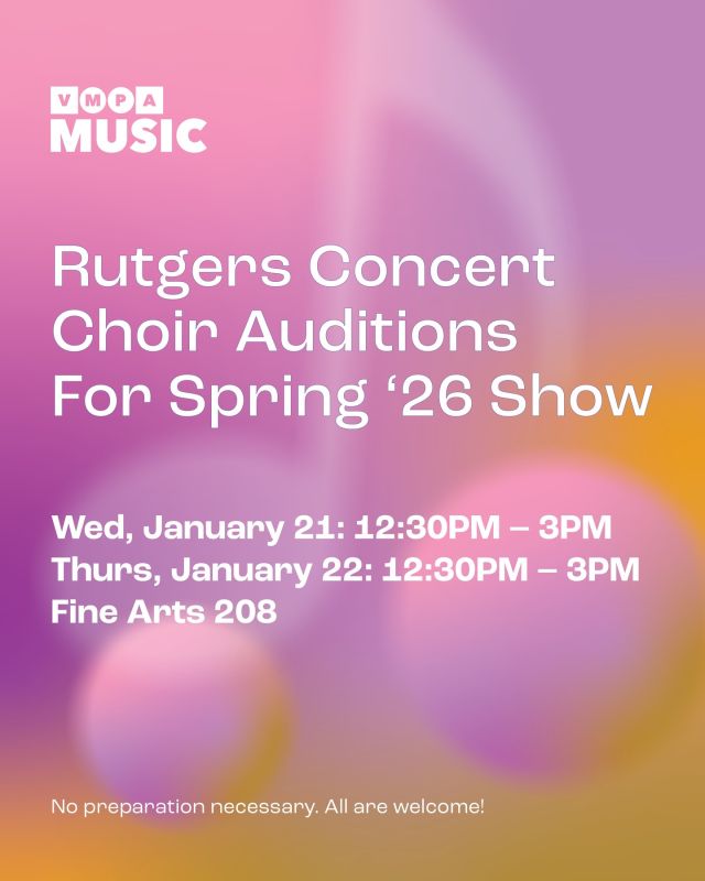 Open Auditions for Rutgers Camden Concert Choir! 🎶 Auditions will be held today and tomorrow at 12:30 in room 208 of the Fine Arts Building! All are welcome and no preparation is needed! 

When: Wednesday, January 21st and 22nd 
12:30 - 3pm
Where: Room 208, Fine Arts Building